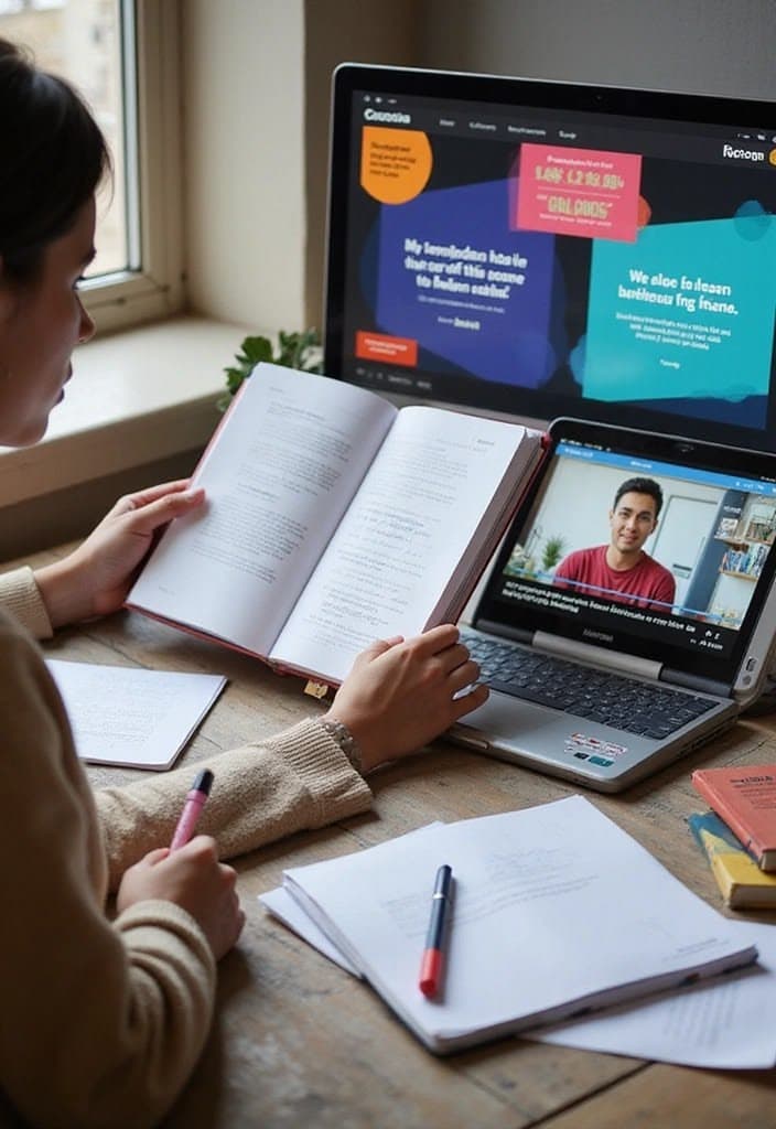 Student reviewing digital material alongside a hardcopy notebook